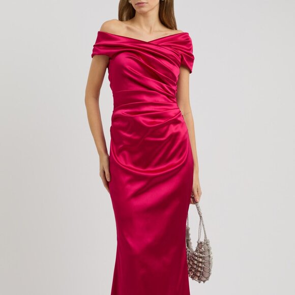 Talbot Runhof Satin Off-The-Shoulder Mermaid Gown Dress Azalea Pink - Picture 1 of 10